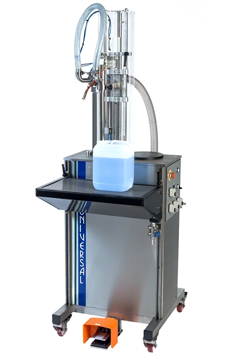 P5000 Semi-Automatic Volumetric Liquid Filling Machine - 1 or 2 Head Piston Filler - Universal Filling Machine Company